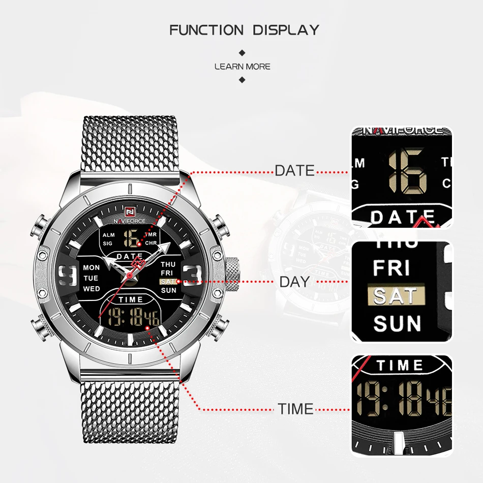 Luxury Brand NAVIFORCE Watches For Men Analog Digital Sports Waterproof Wristwatch Stainless Steel Siliver Original Watches 2022