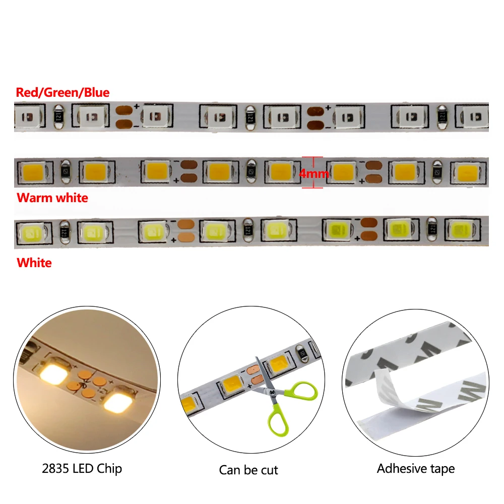 Bande lumineuse LED flexible, largeur étroite de 4mm, DC 12V, 2835 120led/m, 5 mètres, blanc chaud, bleu, vert, rouge, pas de bande étanche