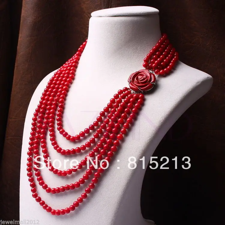 ddh0023 6-7mm red coral bead beaded multi 5 row carved rose flower  necklace