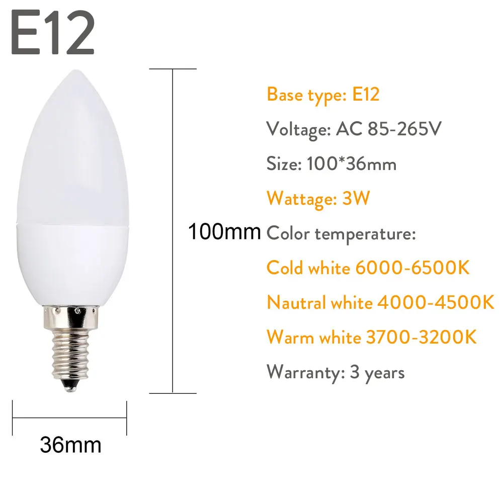 10PCS Led Candle Bulb E14 E27 E12 B22 B15 110V 220V Spotlight Chandlier Crystal Lamp Ampoule Bombillas Light 3W Replace 20W Bulb