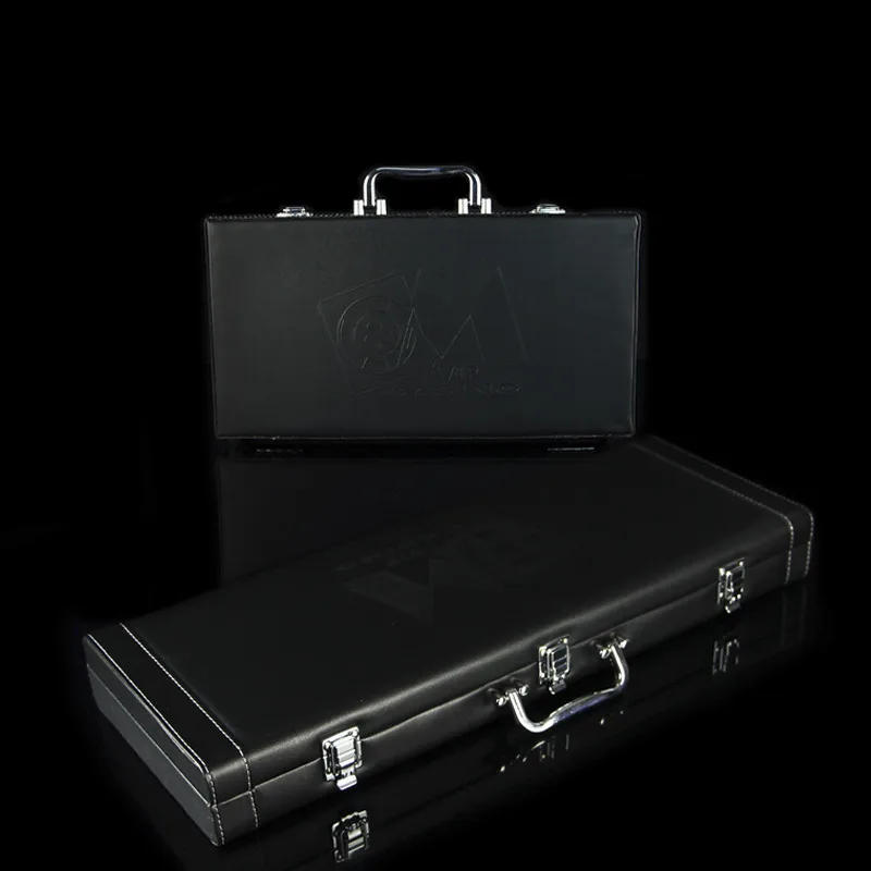 Professional good quality  luxury portable black leather counter box 500 code chips yard wood box chip poker carrying cases bag