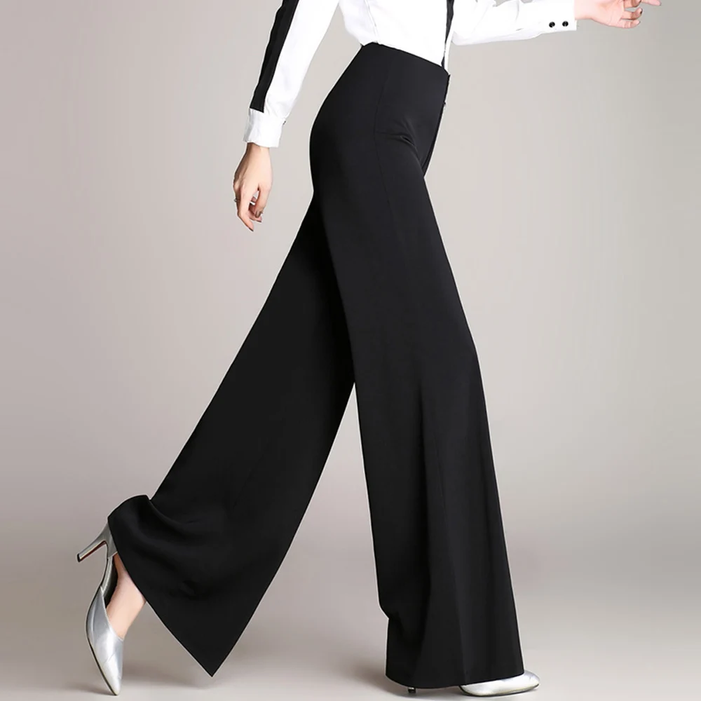 New Loose Women Wide Leg Pants Long Trousers Elegant High Waist Casual Pants Black Navy Elegant Straight Flat Office Pants