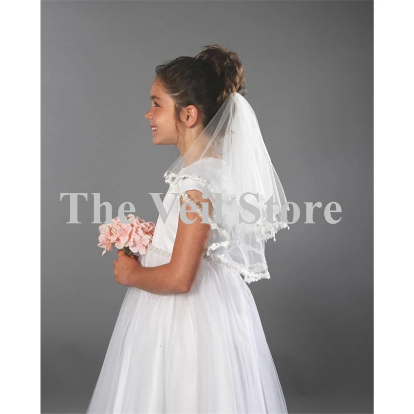 Voile de Mariage Double couche pour filles, Voile de première communion, en Tulle, bord appliqué, pour enfants