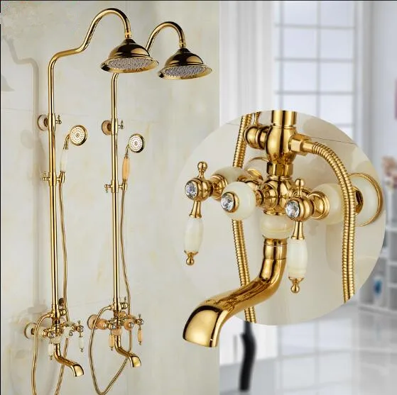 

Bathtub and Shower Faucet Golden Brass and Jade Bath Shower Set Brass Wall Mounted 8" Rainfall Shower & Hand shower Faucet Set