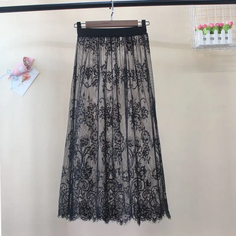 Women Sexy Lace Mesh Long Skirt Vintage Summer Korean High Waist Elastic A-Line Transparent Tulle Black White Midi  Skirt 142