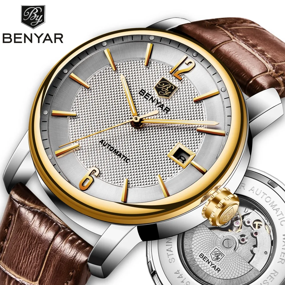 Relogio Masculino BENYAR Casual Fashion Men\'s Watches Automatic Mechanical Top Luxury Brand Sports Clock Leather Gold Wristwatch