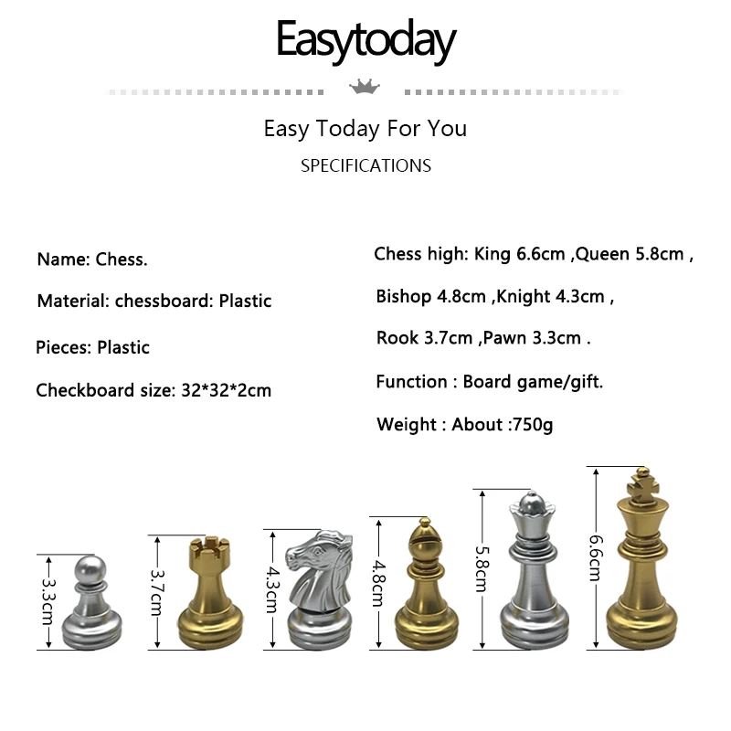 Easytoday Plastic Chess Game Set Folding Chessboard Magnetic Gold and Silver Color Chess Pieces Standard Competition Supplies