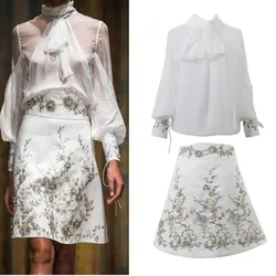 Runway Spring Skirt Suits Women's Sheer Lantern Sleeve Bows Chiffon Blouses Tops + Vintage Beaded Flower Appliques Skirts NS354