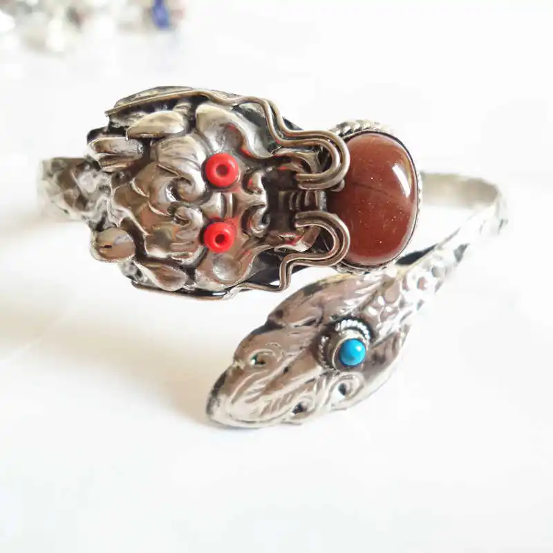 Tibetan Silver Bangle Dragon Inlaid Stone Open Cuff Amulet Nepal vintage handmade jewelry BB-293