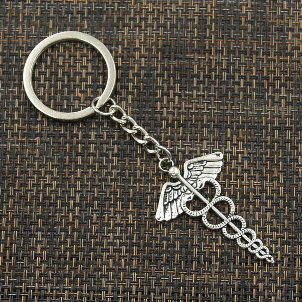 New Fashion Men 30mm Keychain DIY Metal Holder Chain Vintage Caduceus Medicine Symbol 49x30mm Silver Color Pendant Gift