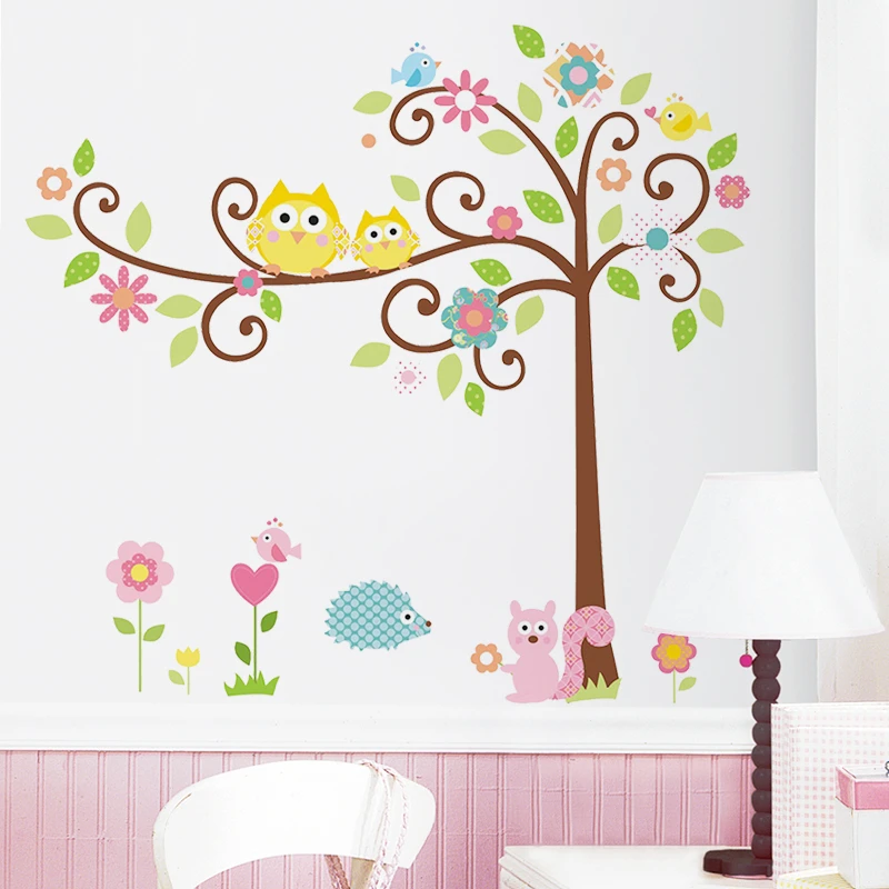 Cute Owlets On Floral Tree Wall Stickers For Kindergarten Kids Room Home Decoration Diy Cartoon Owls Animal Mural Art Pvc Decal