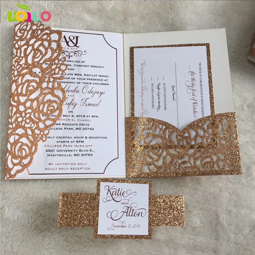 

hot sale tri fold pocket invitation card,pocket envelope with printed insert card glitter rose gold hot foil tag