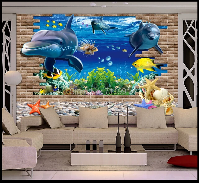 

Free shipping custom 3D stereoscopic underwater world dolphin sofa bedroom TV backdrop wallpaper