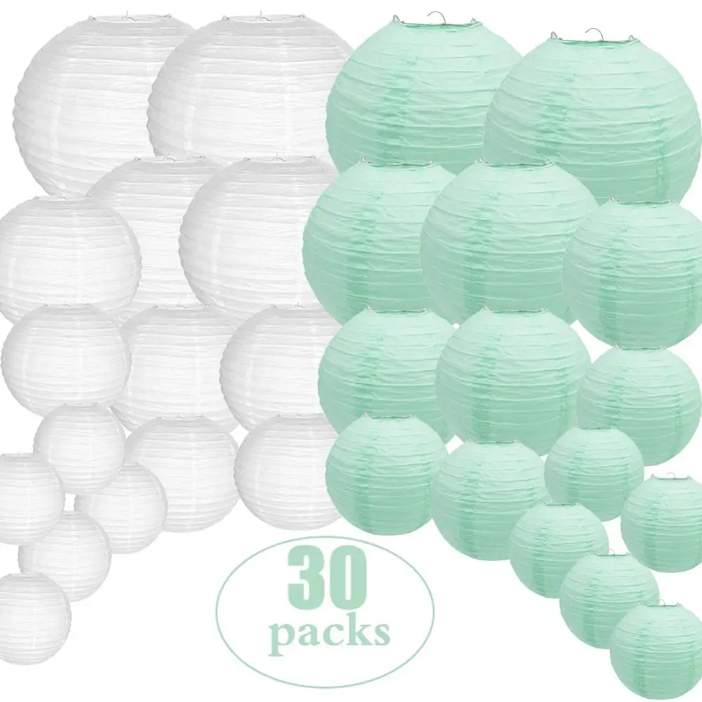 

30 Pcs/set 6"-14" White Mint Green Chinese Paper Lantern Assorted Sizes boule chinoise papier lampion wedding Hanging Decor