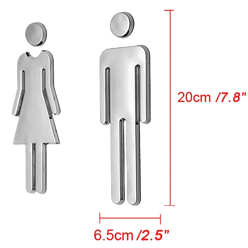 Symbol Sign Men Women Toilet Acrylic Adhesive-THREE TO ONE Wall Decal Sign for Unisex Bathroom Restroom Door Symbol Silver 1 Set