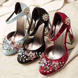 Colored stones High Heels Shoes Women Flowers Sandals Retro Femme Pumps Openwork heel sapato feminino chaussures mujer 33-43