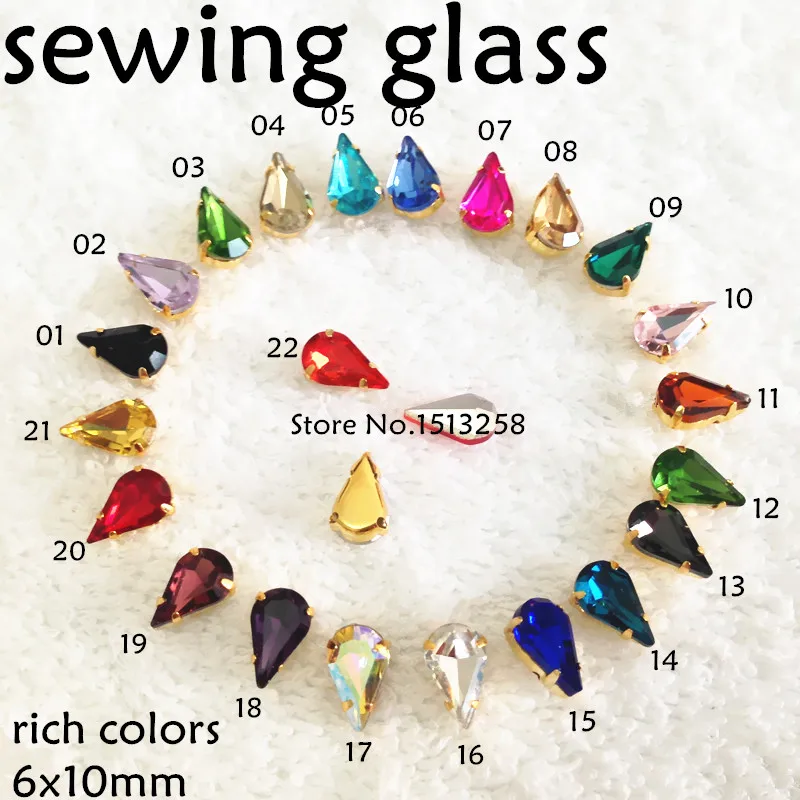 

6x10mm 50Pcs Rich Colors Teardrop Glass Crystal Fancy stone With Gold Metal Claw setting for sewing on dress,jewelry making