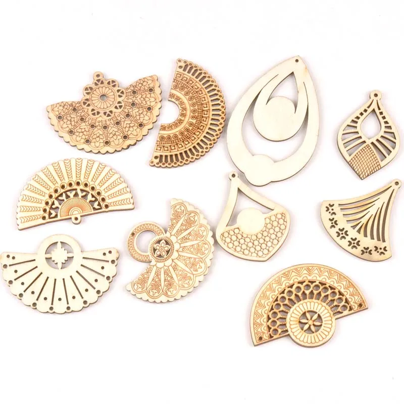 10pcs Natural Wooden fan Drop pentant Sector Handmade Diy Scrapbooking Craft earring Hanging Charms decoration MT1998