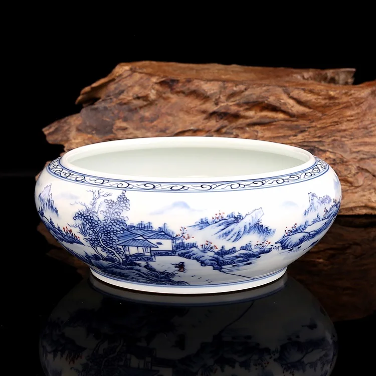 

Qing Kangxi handpainted blue and white red glazed tea bowl mountain people tea washer antique porcelain all hand painted