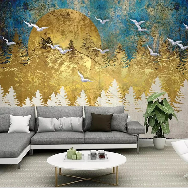 beibehang Custom wallpaper 3d stereo photo mural new Chinese abstract artistic conception golden pine forest bird 3d wallpaper