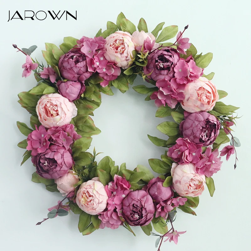 

JAROWN Artificial 45cm Silk Peony Flower Straw Weaving Wreath Wedding Background Decoration Garland Door Decor Wall Decorations