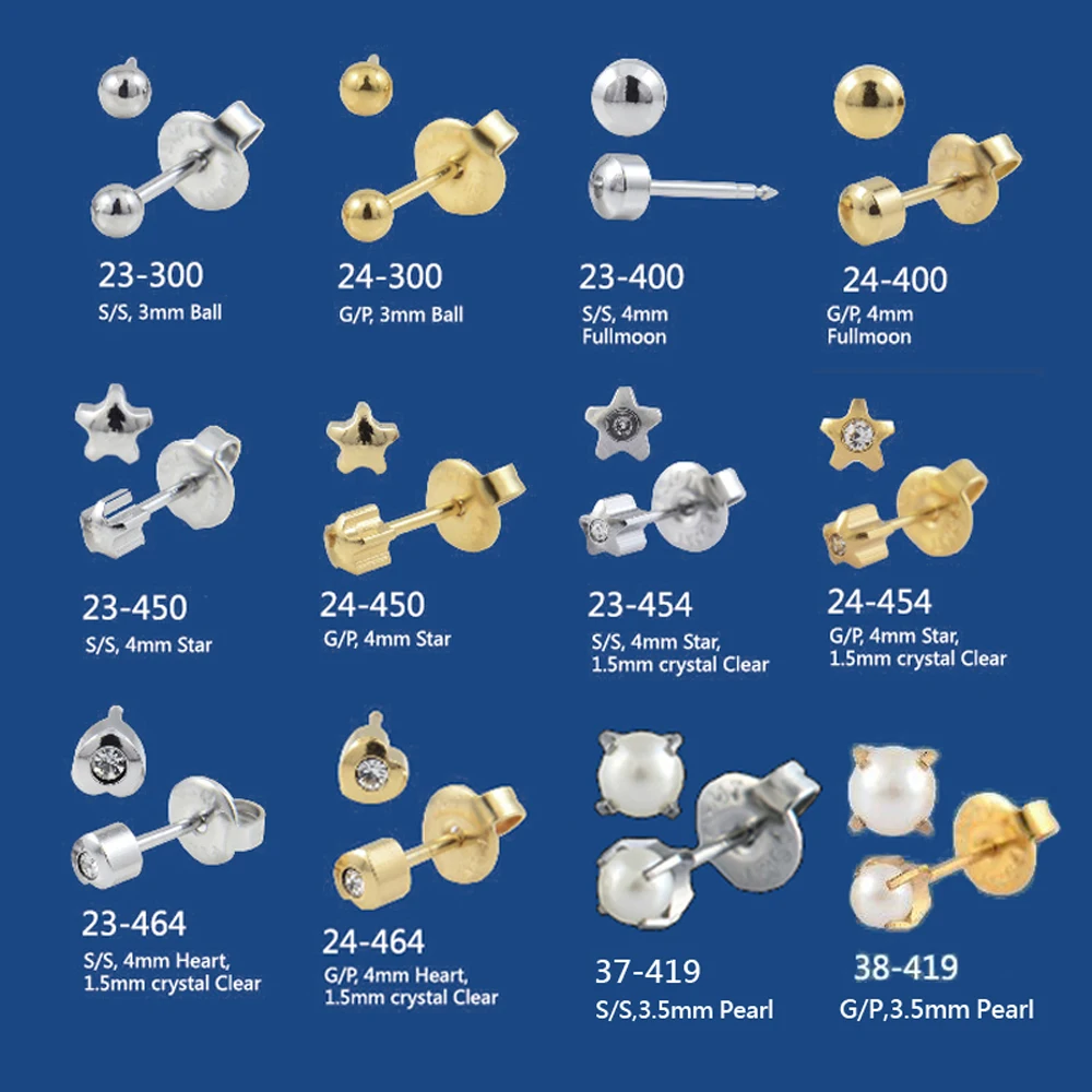 Pair of Ear Piercing Stud Earring Jewelry with CZ Gem Crystal Fashion Style Star Heart Pearl Butterfly Charm Daisy Flower
