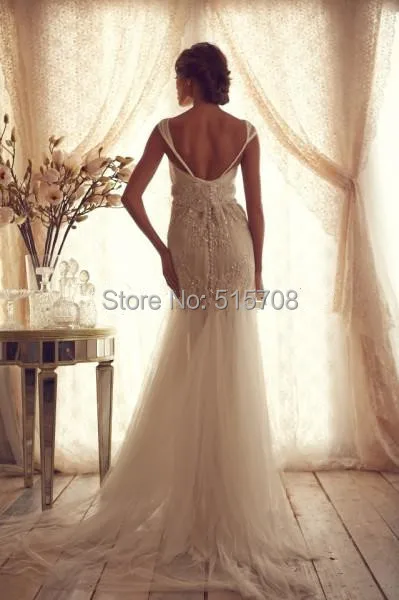 Mermaid Wedding Dresses Sheer Straps Backless Beaded Lace Appliqued Sweep Train Garden Bridal Gowns 2015