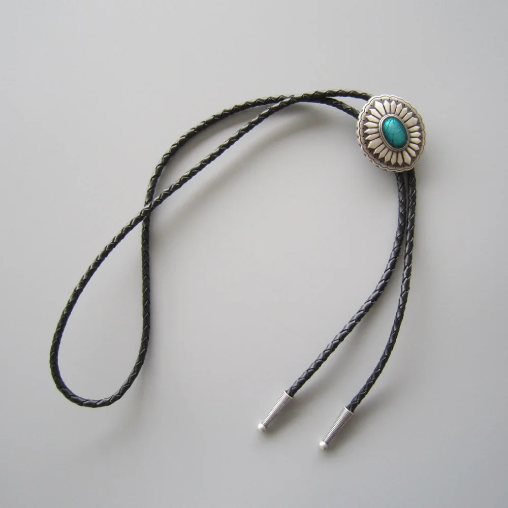 Vintage Silver Plated Oval Enamel Wedding Bolo Tie Neck Tie Leather Necklace