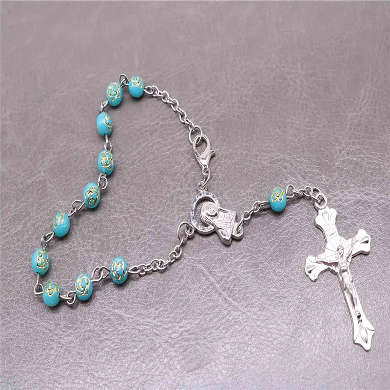 

48 pieces / new trend crystal beads Catholic rosary cross pendant bracelet ladies jewelry bracelet religious gifts.6mm