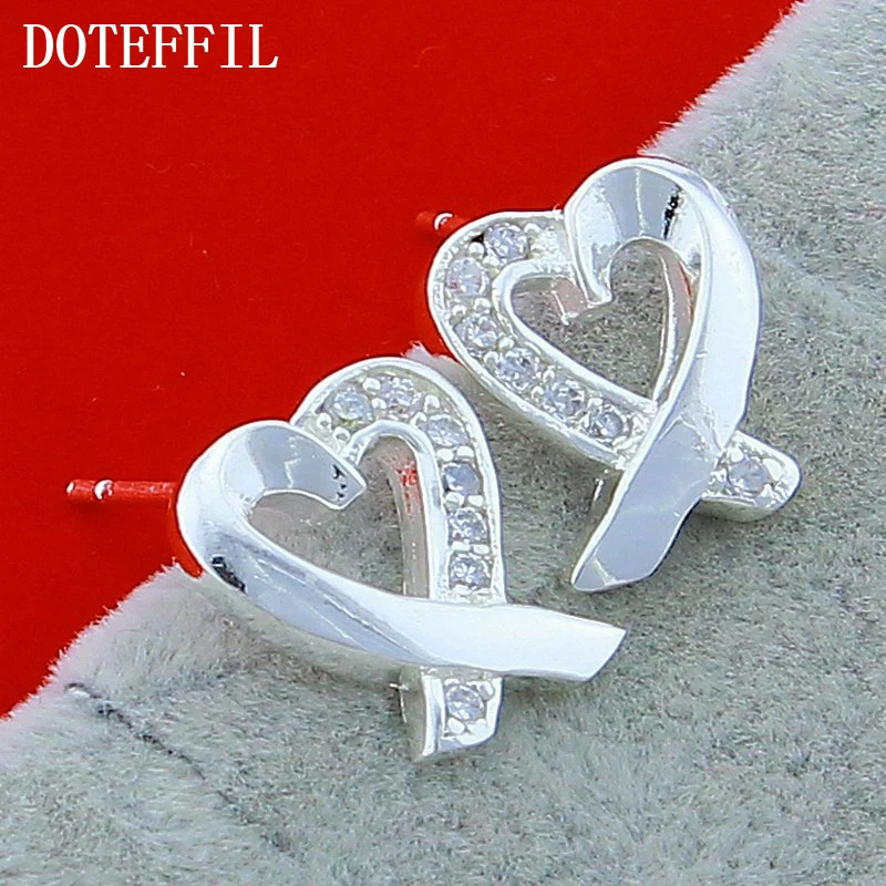 DOTEFFIL 925 Sterling Silver AAA Zircon Heart Stud Earring For Women Fashion Charm Wedding Engagement Party Jewelry