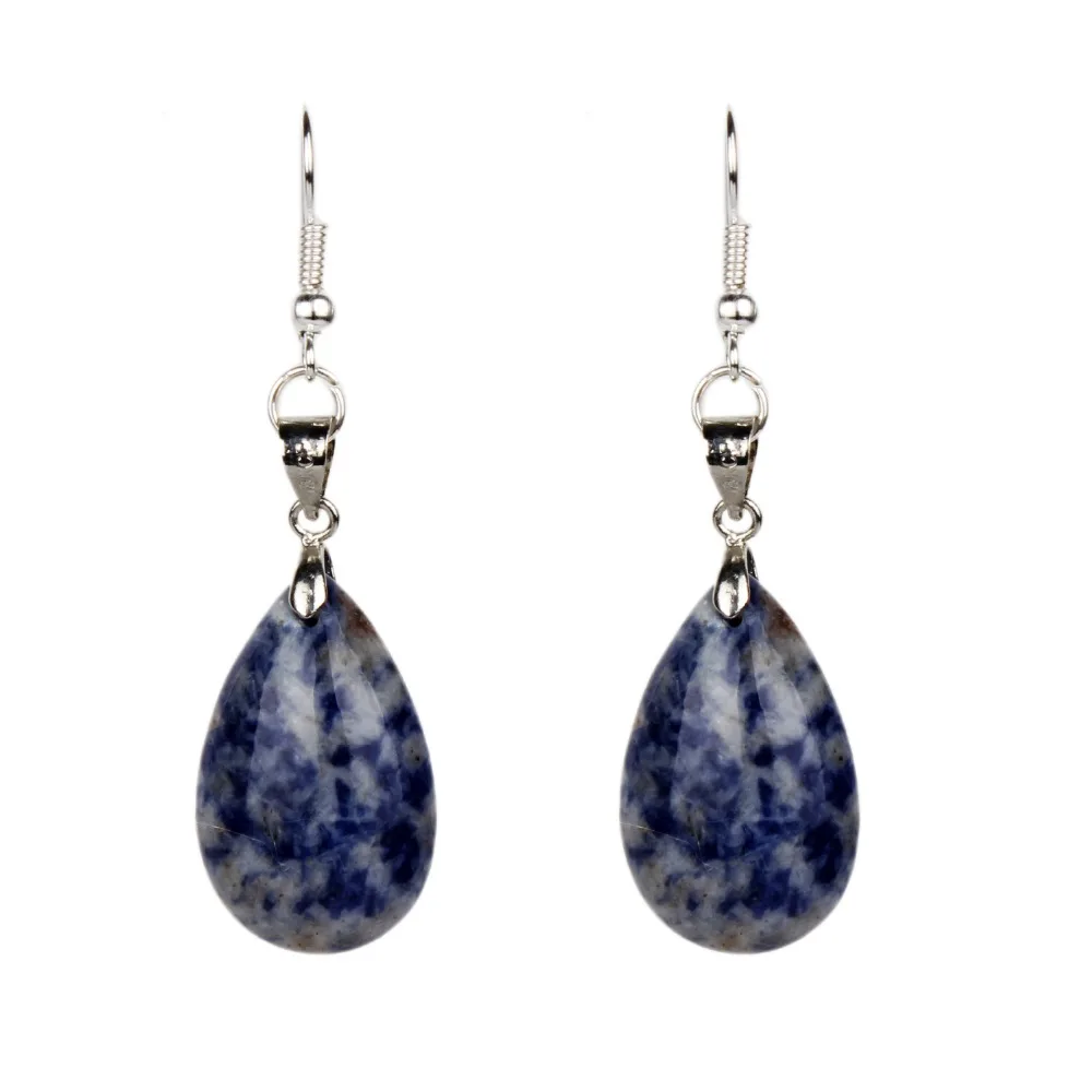 Sodalite Water Drop Dangle Hook Earrings Silver-color Point Crystal Healing Chakra Reiki Free Pouch