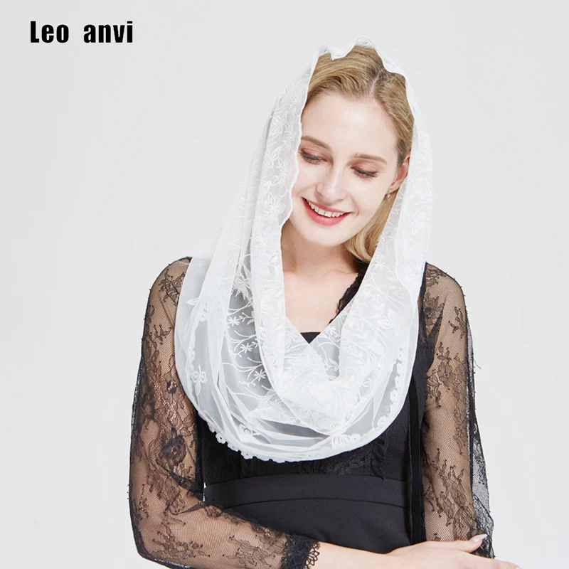 Leo anvi white Lace hijab scarf infinity circle poncho head scarf embroidery hair scarf shawl foulard femme Mantilla Veil