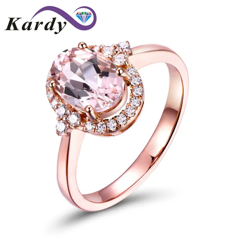 

Morganite Gemstone Fashion Solid 14K Rose Gold Engagement Wedding Real Pave Diamond Band Ring for Women