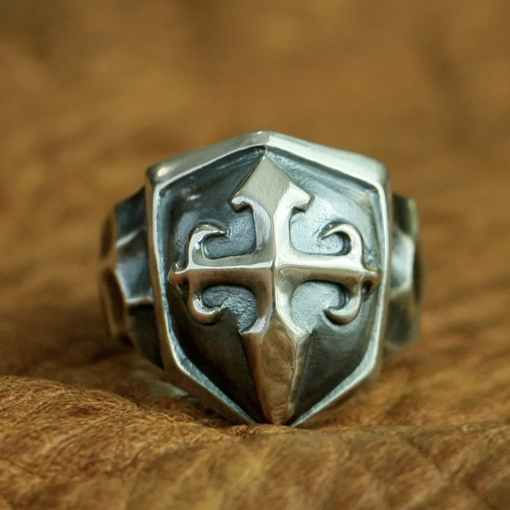 

LINSION 925 Sterling Silver Handmade Shield Cross Ring Mens Biker Punk Ring TA92 US Size 7~15