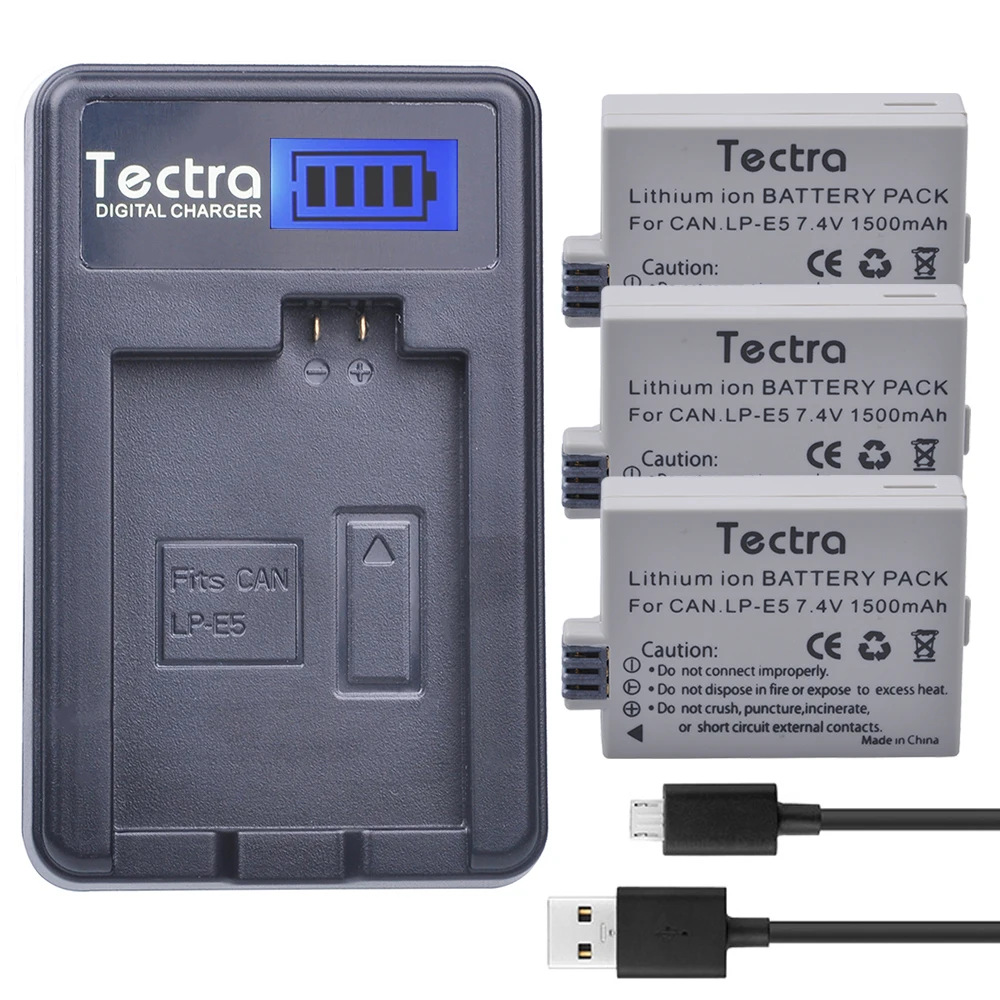 Tectra 3PCS LP-E5 LPE5 1500mAh Li-ion Battery+LCD USB Charger for Canon EOS Rebel XS Rebel T1i Rebel XSi 1000D 500D 450D Kiss X3