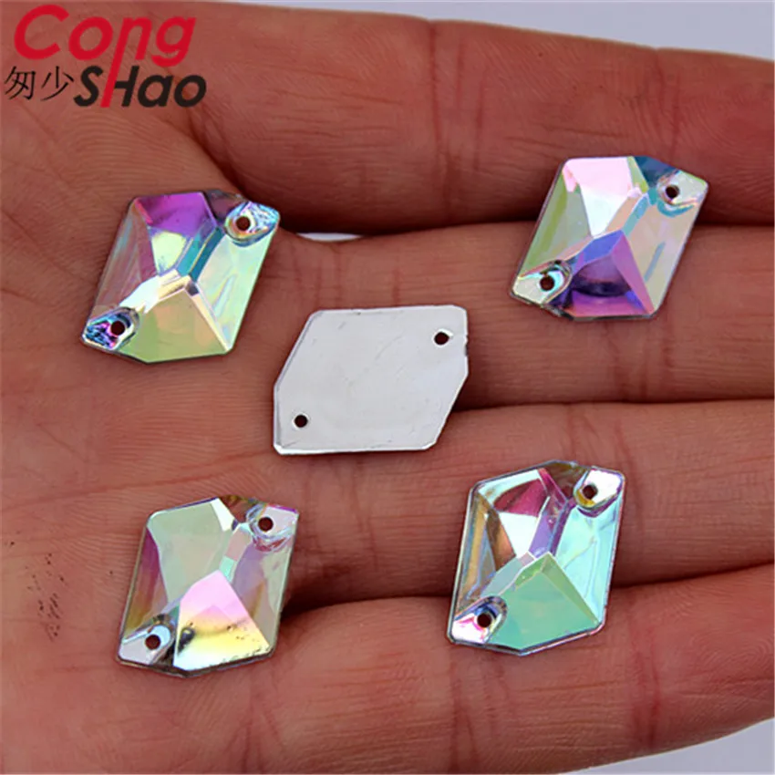 Cong Shao 100pcs 13*17mm Rhombus Irregular shape Crystal Acrylic Rhinestone flatback sewing 2 Hole Wedding Dress Button CS227