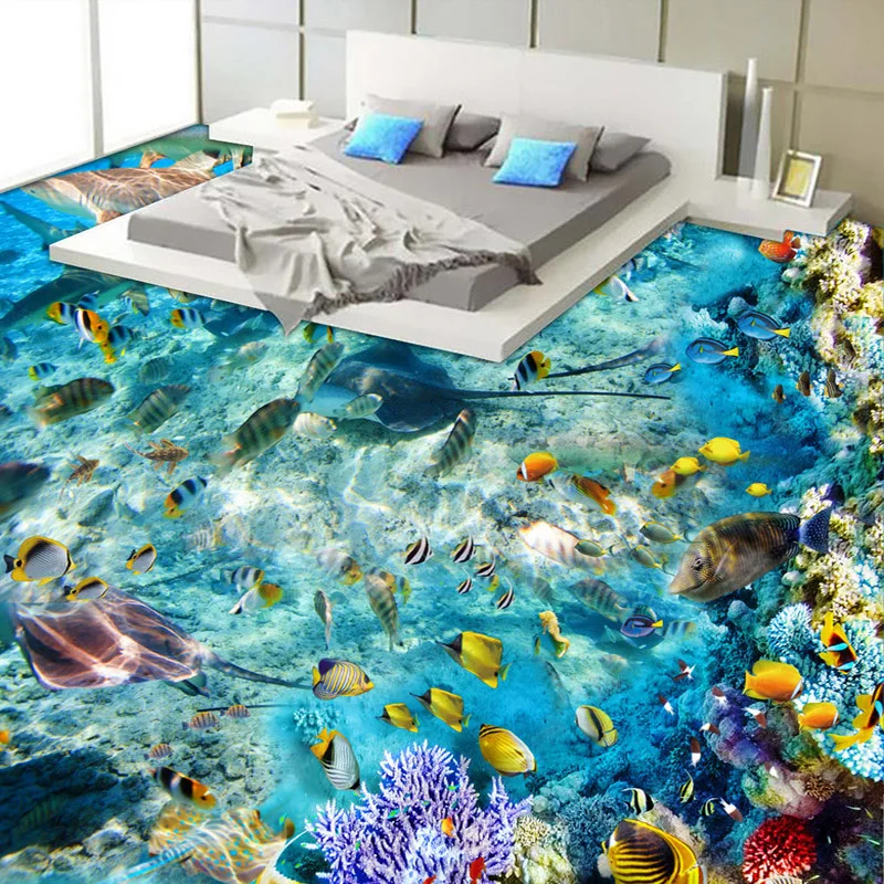 Custom Vloeren Muurschildering Behang Onderzeese Wereld Vis Coral Toiletten Badkamer Slaapkamer 3D Floor Muurschilderingen PVC Waterdichte zelfklevende