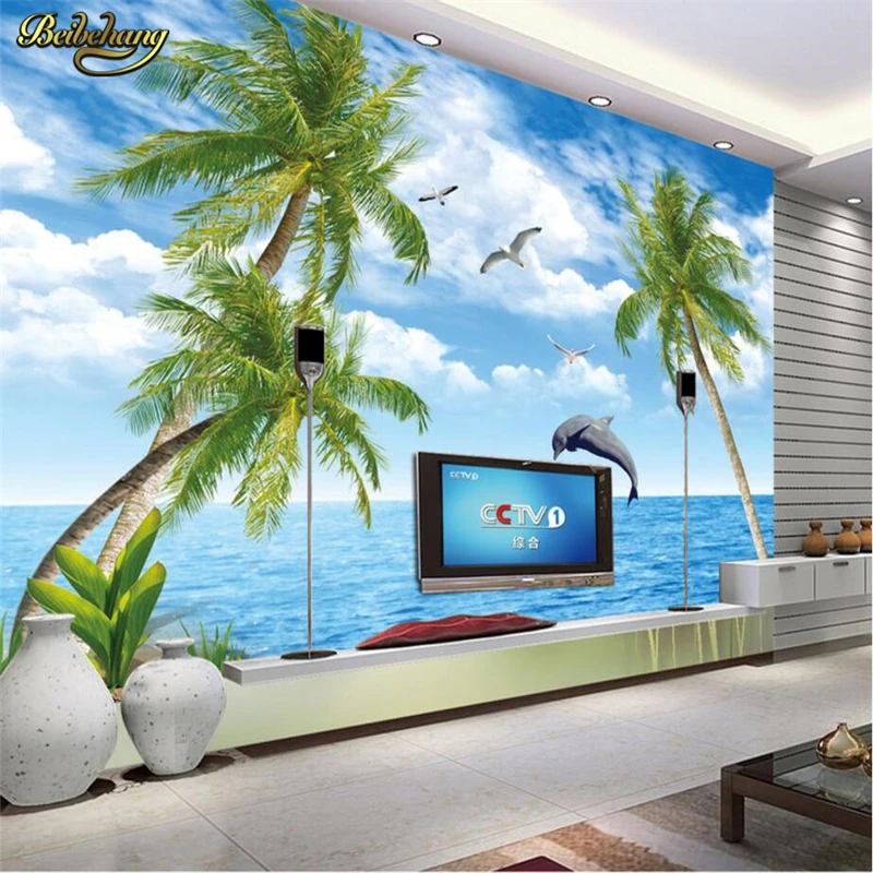 beibehang Dolphin palm trees Custom papel de parede 3D Mural Wallpaper Living Room TV Backdrop Wall Papers Home Decor flooring