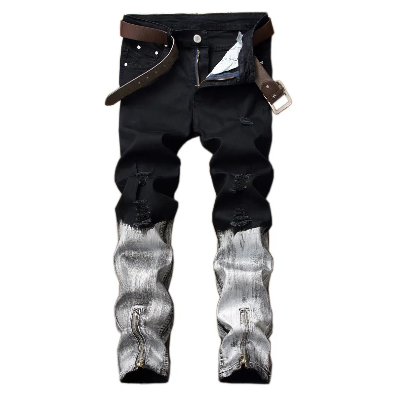 EVJSUSE broken coated ripped jeans men high quality cotton trousers zipper coating BIKER jeans cowboy denim trousers black white