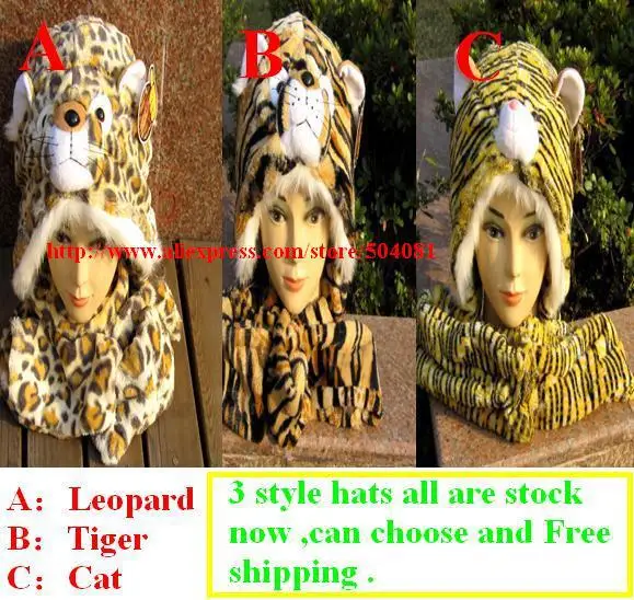 Cartoon Animals Tiger / leopard / cat Plush Warm hat Cap with Long Scarf Gloves Fashion Cute women men Children Soft winter cap