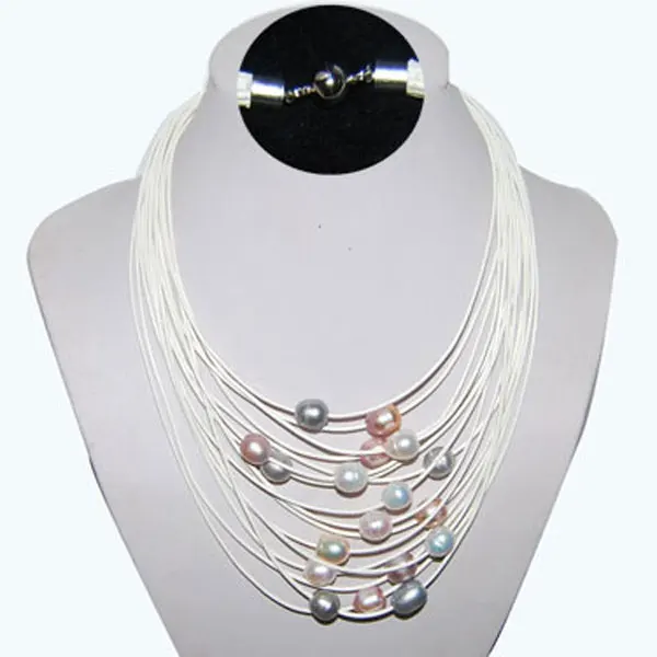 

15 Rows 17-24 inches White Women Customized Trendy New Design Multi Strand Natural Oval Pearl Leather Necklace