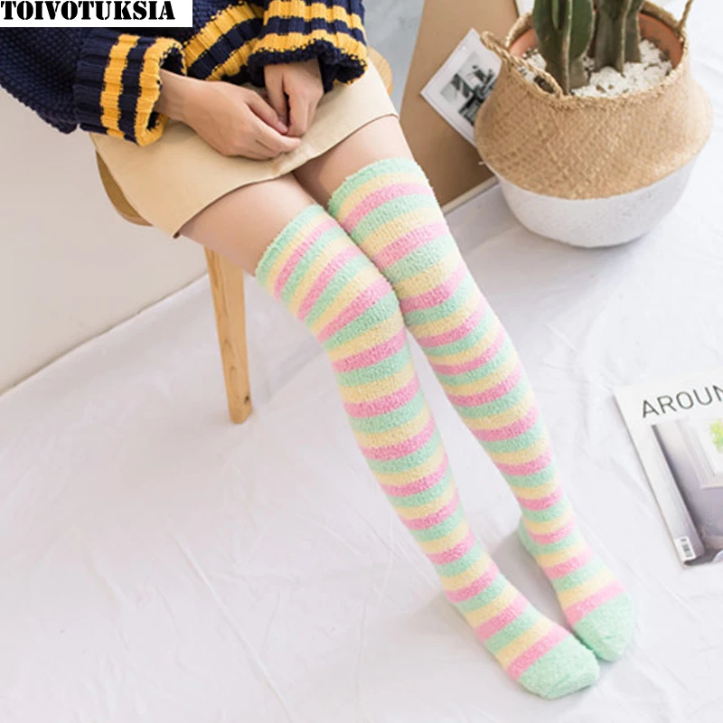 

TOIVOTUKSIA Women Lady Girl Over The Knee Warm Fluffy Long Striped Thigh High Long Striped Fuzzy Warm Stocking