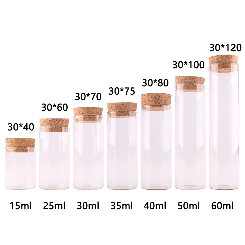 

Dia 30mm: 15ml 25ml 30ml 35ml 40ml 50ml 60mlTransparent Glass Test Tube Vials Terrarium with Cork Stopper Glass Container 24pcs