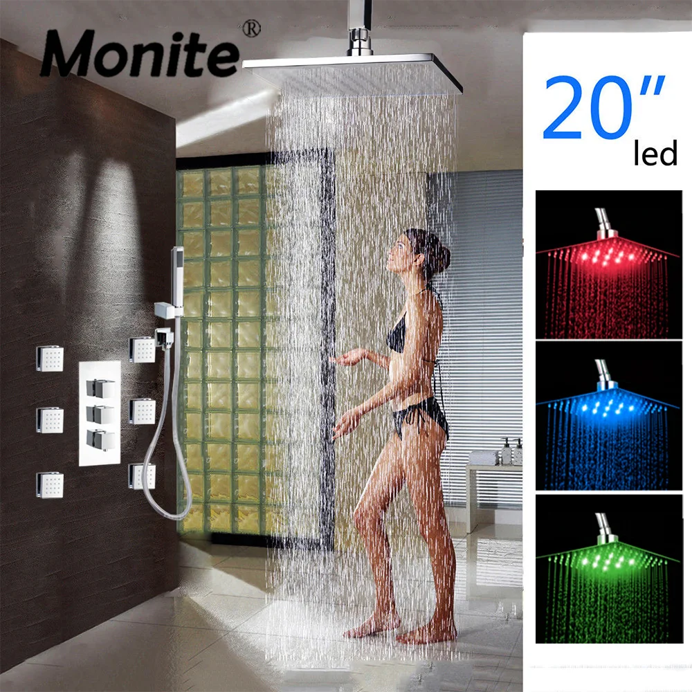 Monite 20 Inch Ultrl-thin LED Rainfall Chrome Finished Shower Set Wall Mount Shower Faucet Shower head With 6 Sprayer Shower Set