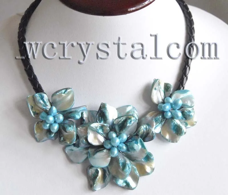

Blue Shell Necklace Flower Leather Cultured Freshwater Pearls beads