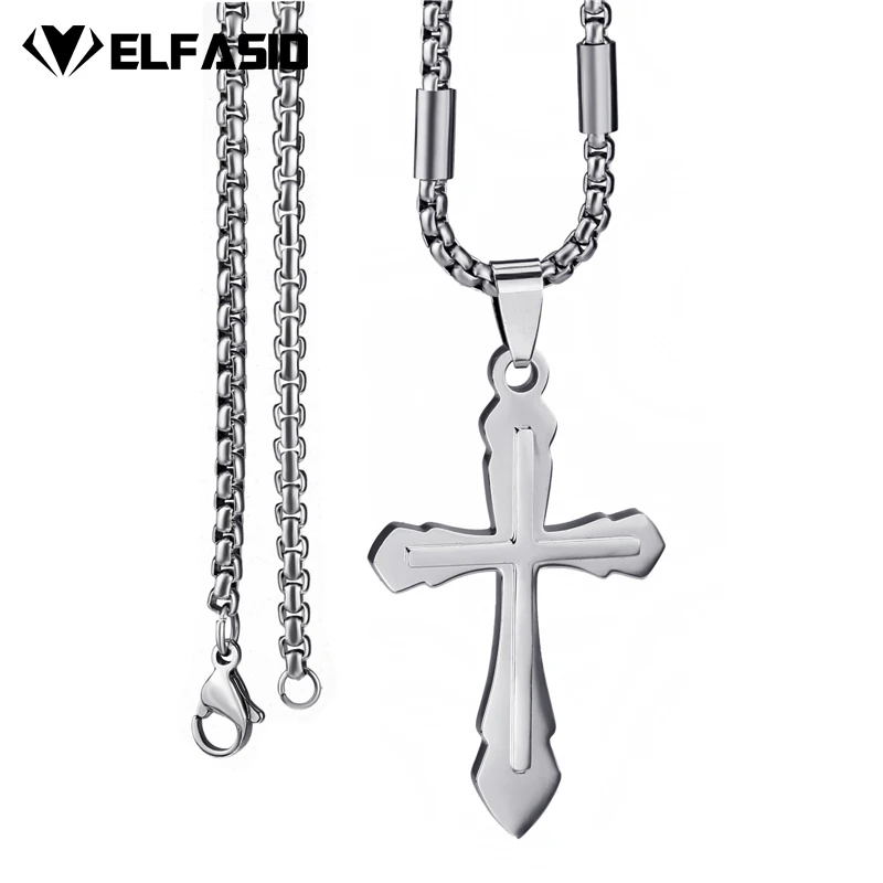 

Elfasio Stainless Steel Chain 2 Layer Knight Cross Silver Gold Black Color Mens Pendant Necklace Sets SP118