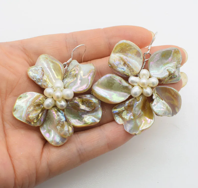 freshwater pearl green/blue /brown/black/whitepurple and sea shell 40mm hook flower earrings  wholesale beads FPPJ