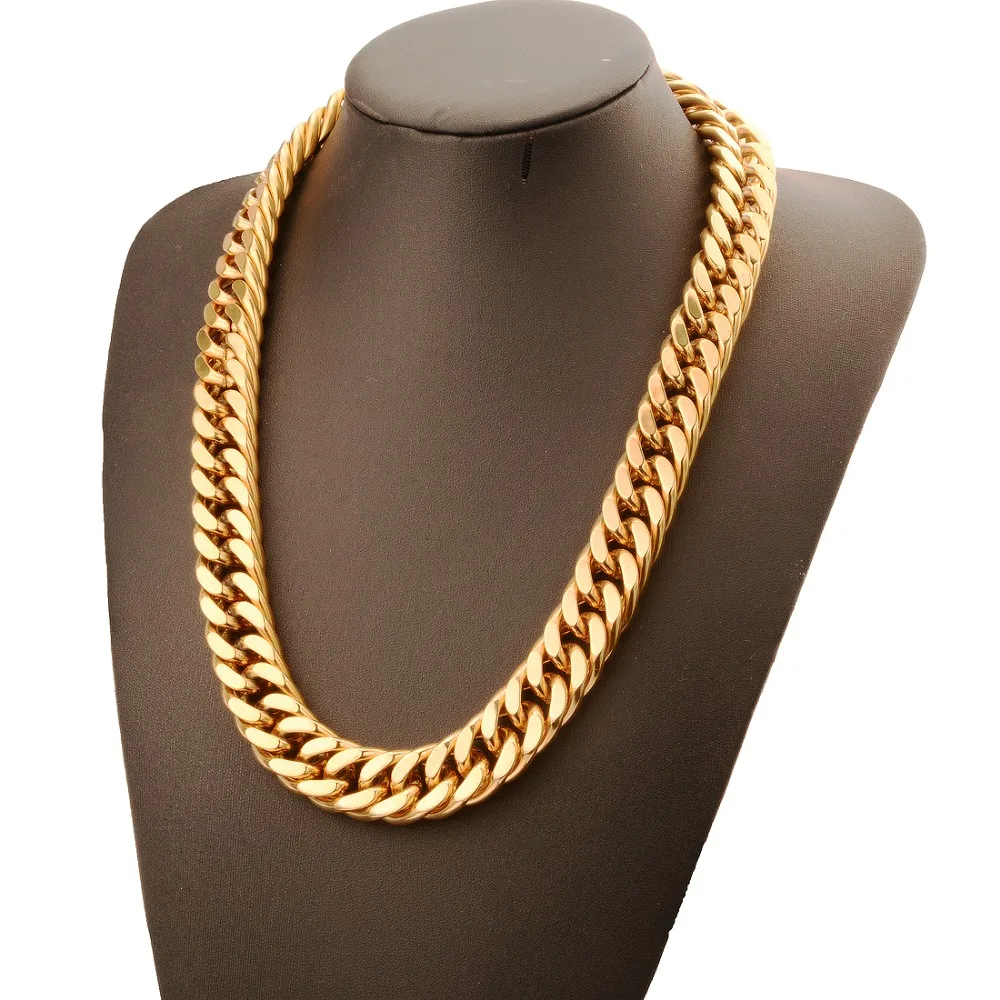 17mm Mens Gold Necklace Chain Stainless Steel Top Polishing Curb Cuban Link Miami Chain Heavy Mens Necklace 8-40inch