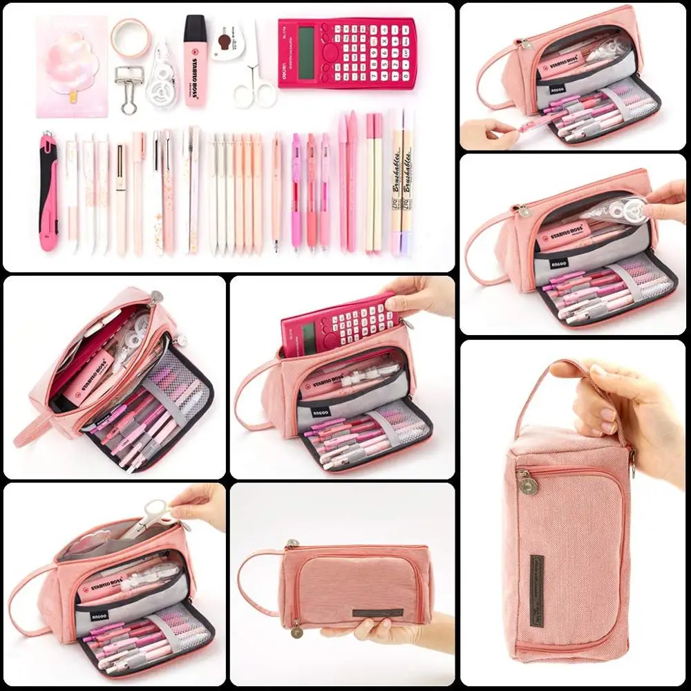 Grande Capacidade Lápis Case, Gift Pouch, Pen Holder para a menina do ensino médio, Adulto Grande Armazenamento de Escritório, Rosa Papelaria Bag,