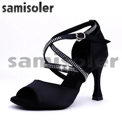 Samisoler-zapatos de baile de salón de estilo satén para mujer, calzado de baile latino para fiesta, color negro